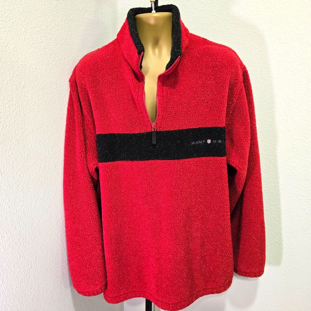 Gant Logo Red Sherpa 1/4 zip Pullover Men's XL Red Blue Pouch Drawstring Waist